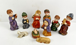 10 Pc Hand Painted Porcelain Bisque Children&#39;s Nativity Set Cute Vtg - £7.80 GBP