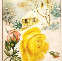 C1890s Victorian Trade Card Beautiful Winter Roses Cabin Landscape Ephem... - $19.99