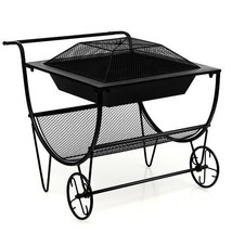 Outdoor Wood Burning Fire Pit with Log Storage Rack and Wheels - Color: Black - £137.15 GBP