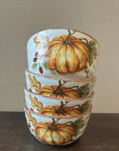 Maxcera Set Of 4 Pumpkin Print Fall Leaves Salad Soup Bowls New Thanksgi... - $64.99