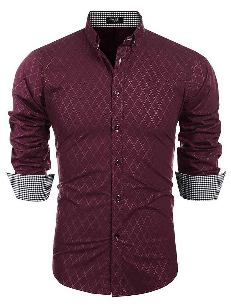 Primary image for Coofandy Men's Cotton Button Down Burgundy Check Plaid Slim Fit Dress Shirt L