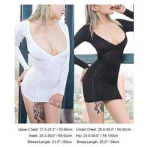 Women Sexy Mini Dress Deep V-neck Long Sleeve Striped Bodycon Sheer Underwear - £7.98 GBP