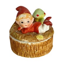 HOMCO Pixie Elf Toadstool Mushroom Trinket Box Hand Painted Log Porcelain Vtg - £11.82 GBP