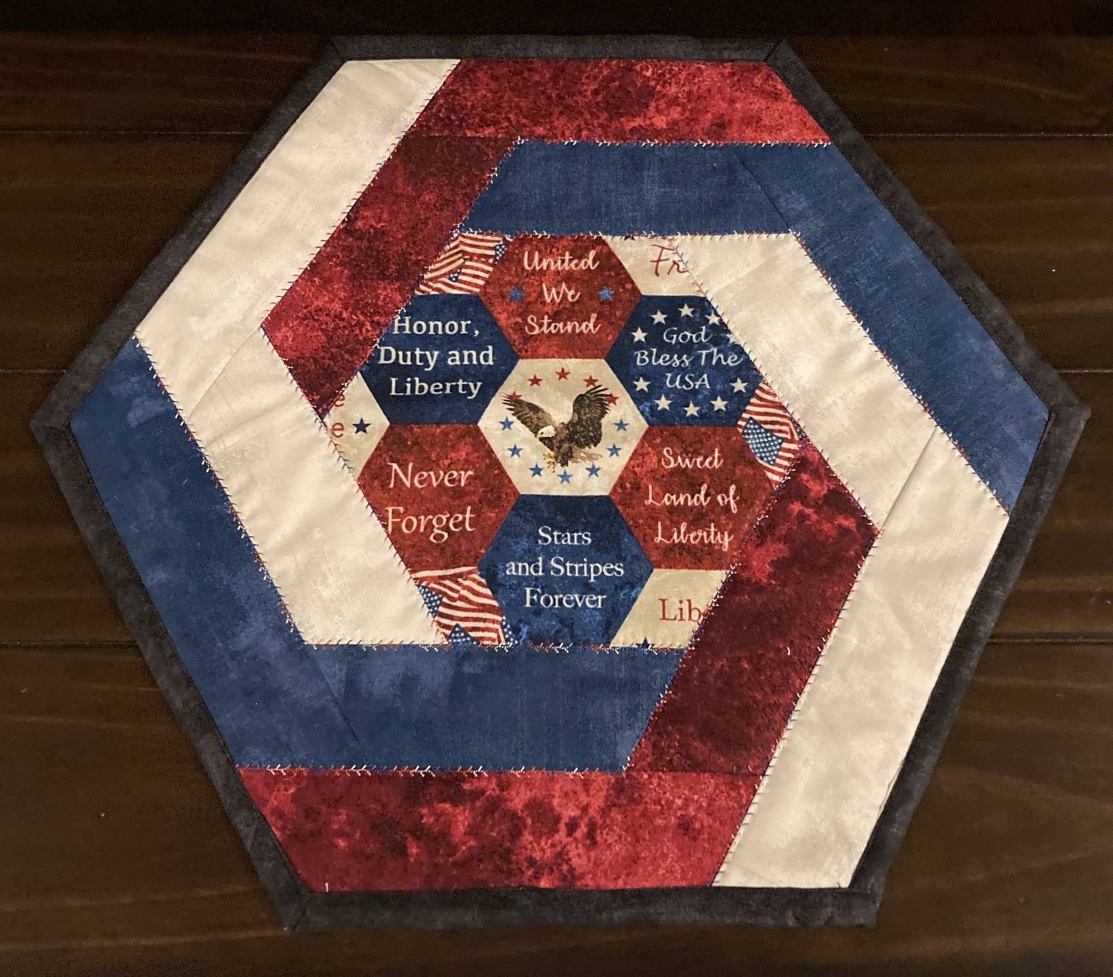 July Patriotic Hexagon Quilted Table Topper - $25.00
