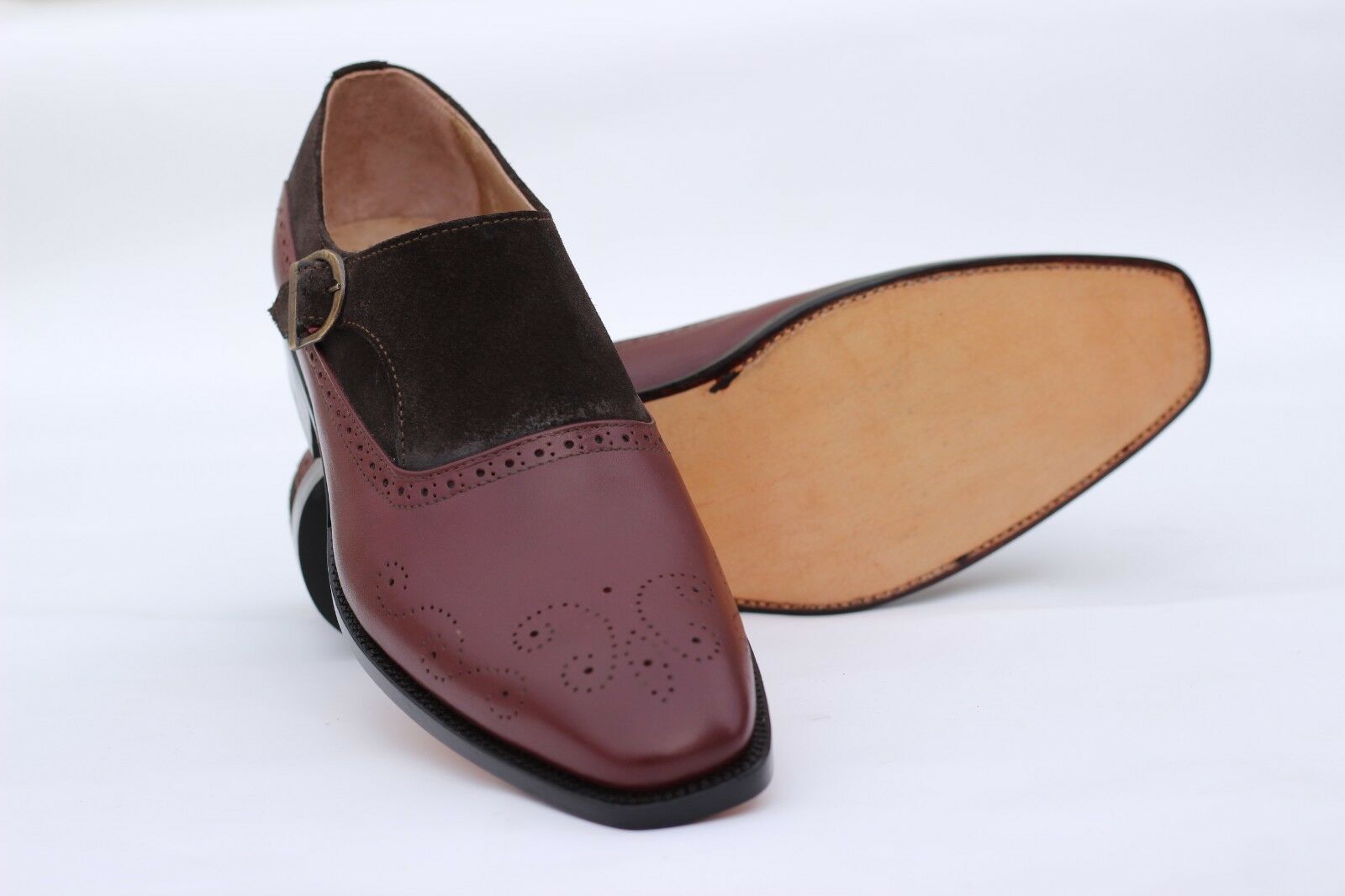 Men Bespoke Handmade Two Tone Burgundy & Brown Oxford Brogue Single Mont Shoes
