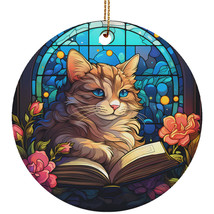 Cute Cat Book Art Stained Glass Colorful Wreath Christmas Ornament Gift Decor - £11.83 GBP