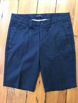 Lands End Khakis Flat Front Classic Navy Chinos Bermuda Shorts Womens 32&quot; 10 - $26.99