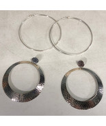 Two 2 Pair Oversize Large Costume Earrings Jewelry Hammered Silver Tone - £10.78 GBP