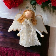 Vintage Angel Ornament Folk Art Christmas Hair Gold Lace Pipe Cleaner Arms Yarn - £13.39 GBP