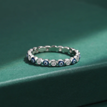 925 Sterling Silver Blue Lucky Eye Eternity Charm Zircon Ring (Size 6, 7, 8, 9) - £18.33 GBP