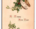 Happy New Year Clock Holly Mistletoe Embossed DB Postcard H24 - $2.92