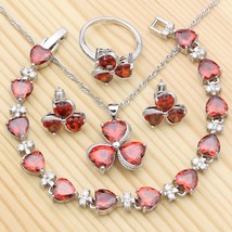 925 Silver Jewelry Kits For Women Red Cubic Zirconia Ring Bracelet Necklace Pend - £23.53 GBP