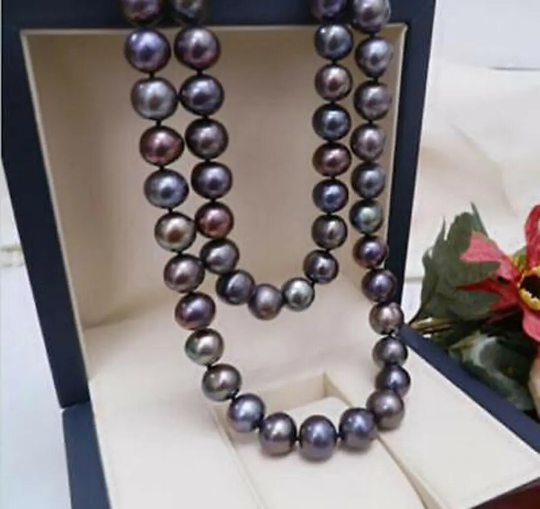 Beautiful 8-9mm Natural tahitian black pearl necklace 18&quot; yellow ball cl... - £29.49 GBP
