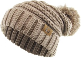 KB ETHOS Chunky Cable Knit Women&#39;s Taupe Brown Pom Pom Beanie Winter Kni... - £12.69 GBP