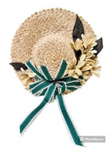 Vintage Handmade Straw Doll Hat Green Polka Ribbon &amp; Ivory Flowers Wall Decor - £11.31 GBP