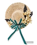 Vintage Handmade Straw Doll Hat Green Polka Ribbon &amp; Ivory Flowers Wall ... - $14.95