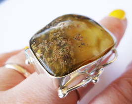 Baltic Amber Ring Massive 925 Silver Raw Amber Adjustable Ring Unique Gift - £382.41 GBP