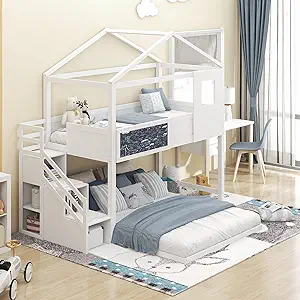 Twin Over Full House Bunk Bed With Storage Staircase Shelves And Blackbo... - $984.99
