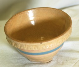 Antique Yellow Ware Art Pottery Stoneware Bowl Pink Blue Stripes USA 5&quot; - $29.69
