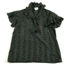 Vintage Evan Picone Shirt Womens 14 Black Multicolor Polka Dot Spotted Short Slv - £18.38 GBP
