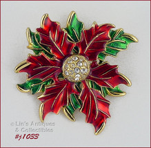 Signed Eisenberg Ice Poinsettia Pin with Green Leaves (#J1033) - £31.85 GBP