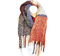 Super Soft Warm Winter Scarf Blue Rust White Plaid Shawl Fringe Oversize... - £17.57 GBP