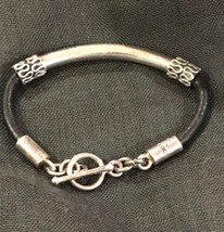 Mexico Sterling Silver ATI Black Leather With Bali Accent 7”Bracelet - £55.95 GBP