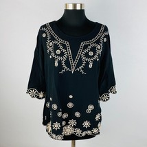 Solitaire Womens Large L Rayon Peasant Bohemian Embroidered Accented Boho Top - £15.04 GBP
