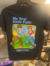 Steven Rhodes &quot;My First Knife Fight&quot; Men&#39;s smallBlack Graphic T-Shirt Dark Humor - £12.46 GBP
