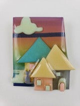 House Pins By Lucinda Rainbow Sky Clouds Purple Cat Kitten 3 Houses Pink Yellow - £35.01 GBP