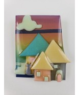 House Pins By Lucinda Rainbow Sky Clouds Purple Cat Kitten 3 Houses Pink... - £34.94 GBP