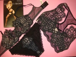 Victoria&#39;s Secret Unlined 34D,36C Bra Set Panty+M Bralette Beige Black Lace Sexy - £78.94 GBP