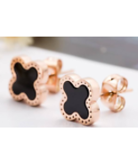 Stud Clover Earrings Rose Gold Plate Petite 1-Motif Black Lucky Four Leaf - $12.99