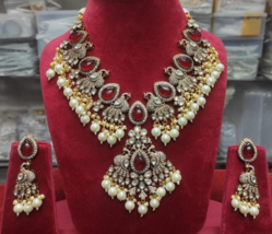 Bollywood Stil Indisch Rubin Vergoldet Cz Kundan Halskette Ohrringe Schmuck Set - £185.83 GBP