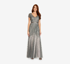 Adrianna Papell Women&#39;s Pewter/Silver Beaded Long Dress With Cap Sleeves    8 - £206.22 GBP