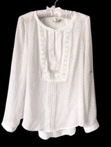 Daniel Rainn Sheer Crotchet Lace Trim Shirt Roll Tab Sz S Keyhole Dots Cottage  - £15.56 GBP