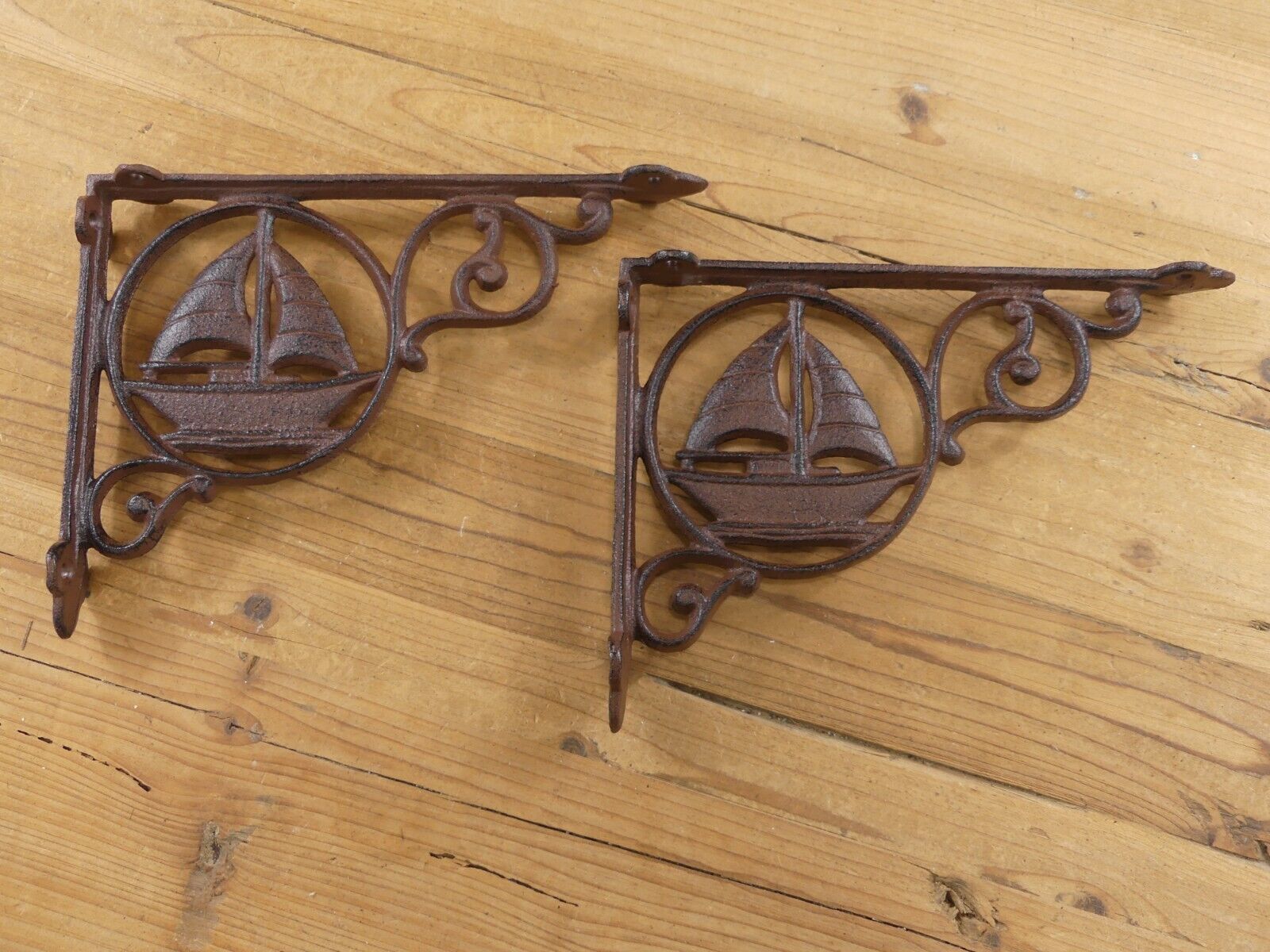 2 CAST IRON ANTIQUE STYLE SAIL BOAT NAUTICAL BRACKETS GARDEN BRACES SHEL... - $21.99