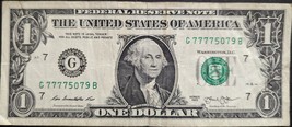 US$1 2013 Federal Reserve Bank Note 5 of a Kind Lucky 7&#39;s #77775079 - $5.95