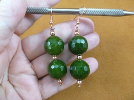 (ee406-5) round faceted 16mm green Jade 2 bead gemstone + copper dangle earrings - £21.66 GBP