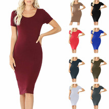 Womens Short Sleeve Cotton Bodycon Fitted Knee Length Midi Dress  - $20.95