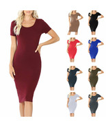 Womens Short Sleeve Cotton Bodycon Fitted Knee Length Midi Dress  - $28.74 CAD