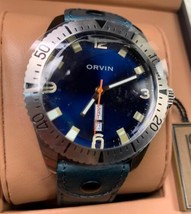 Orvin Midnight Leather Diver Day Date 42mm Ronda 517 Quartz Watch Blue Dial 200M - £204.55 GBP