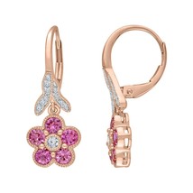 14K Rose Gold Plated Simulated Pink Sapphire &amp; CZ Flower Drop/Dangal Earrings - £44.17 GBP
