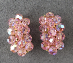Vintage AB Pink Crystal Earrings Clip On Ear Climber Arora Borealis Flash 1 1/8&quot; - £15.97 GBP