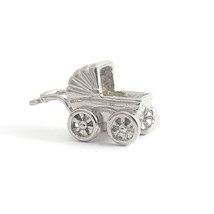 Vintage Baby Carriage Buggy Pram Bracelet Charm Pendant 14K White Gold, ... - £308.51 GBP