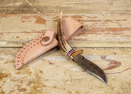 Custom Handmade 8&quot; Damascus Stag Antler Handle Hunting Ren Fair Feast Knife - £23.52 GBP