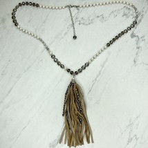 Chico&#39;s Silver Tone Faux Pearl Beaded Tassel Pendant Necklace - £10.16 GBP