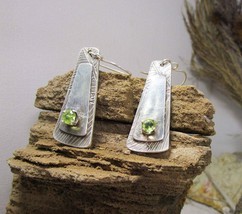 Silver earrings, green peridot, green semi precious stone. Handmade. - $112.00