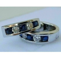 2.20 CT Simulated Sapphire Diamond Small Hoop Huggie Earrings Sterling Silver - £49.43 GBP