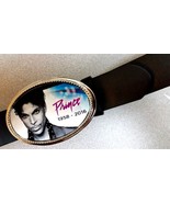 PRINCE Commemorative  Epoxy Photo Buckle &amp; Black Bonded Leather Belt - NEW! - £21.81 GBP